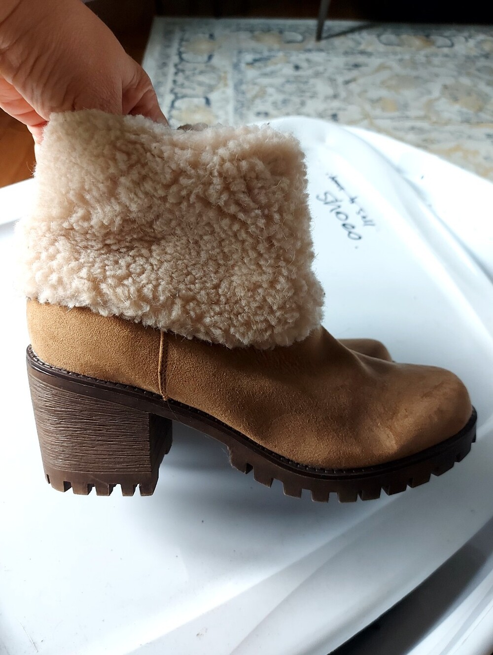 Women's Tan Shearling Cuff Suede Bootie
